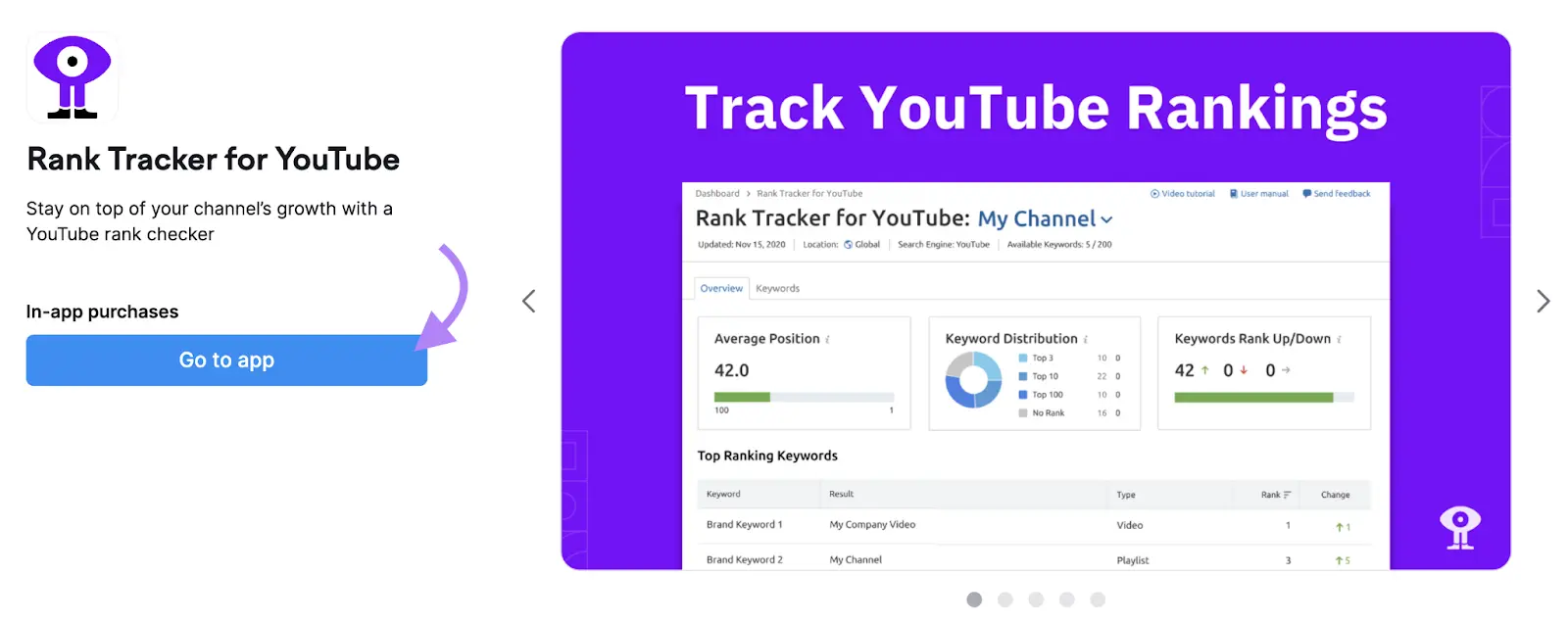 Youtube的排名追踪器 landing page with arrow to 转到应用程序 button