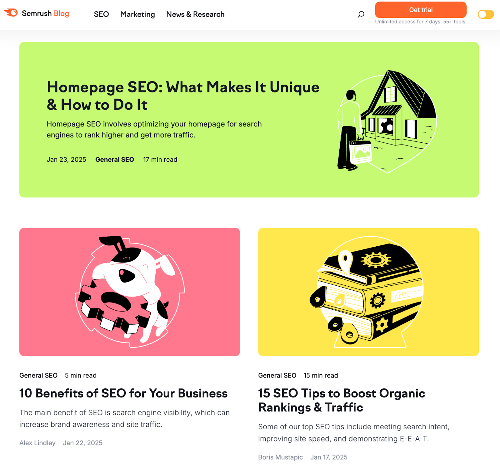 A colorful seo blog with articles about homepage seo, seo benefits，而tips to boost organic rankings.
