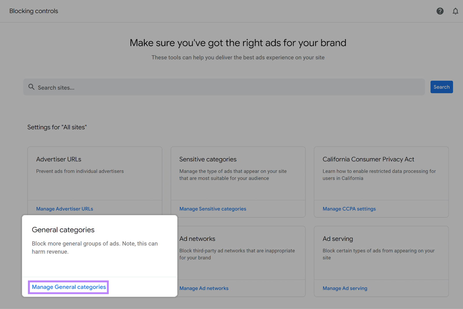 General categories section highlighted with 管理一般类别 link highlighted