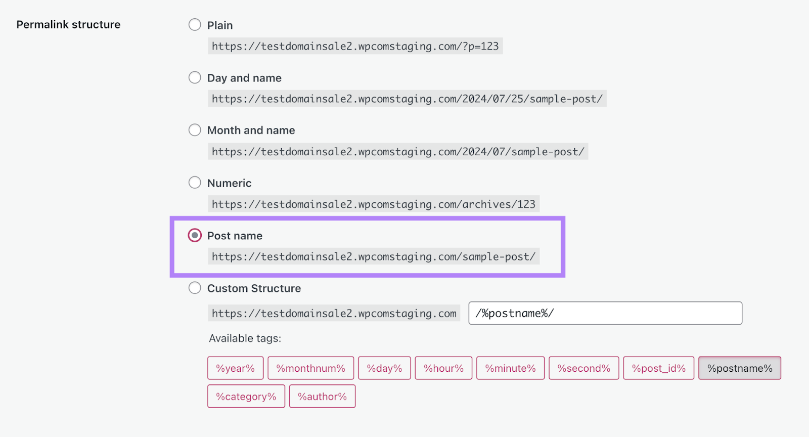 WordPress permalink structure settings with