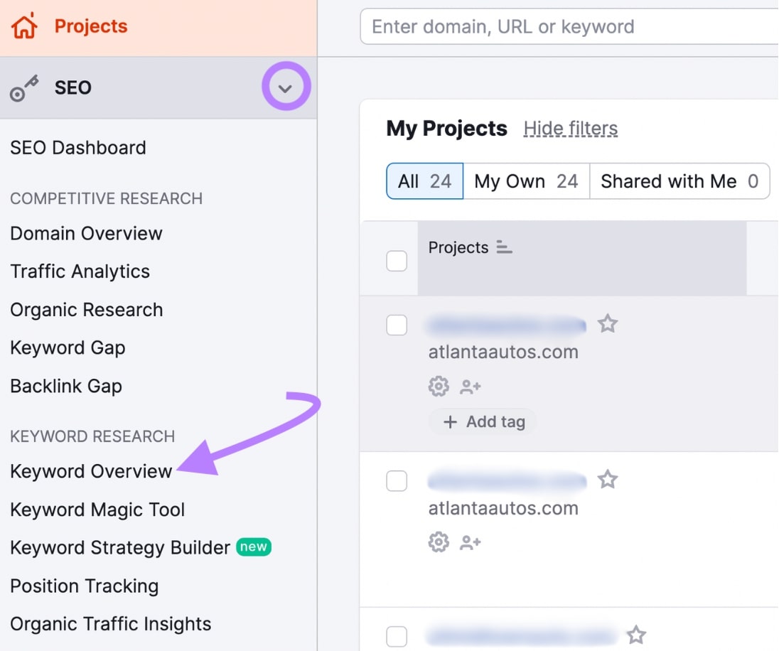 Semrush 关键字概述 tool highlighted in the left hand navigation menu