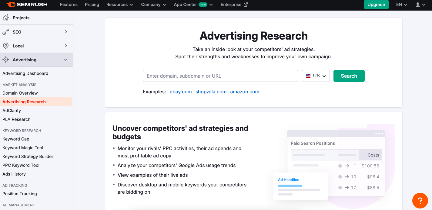 Semrush's 广告业 research tool