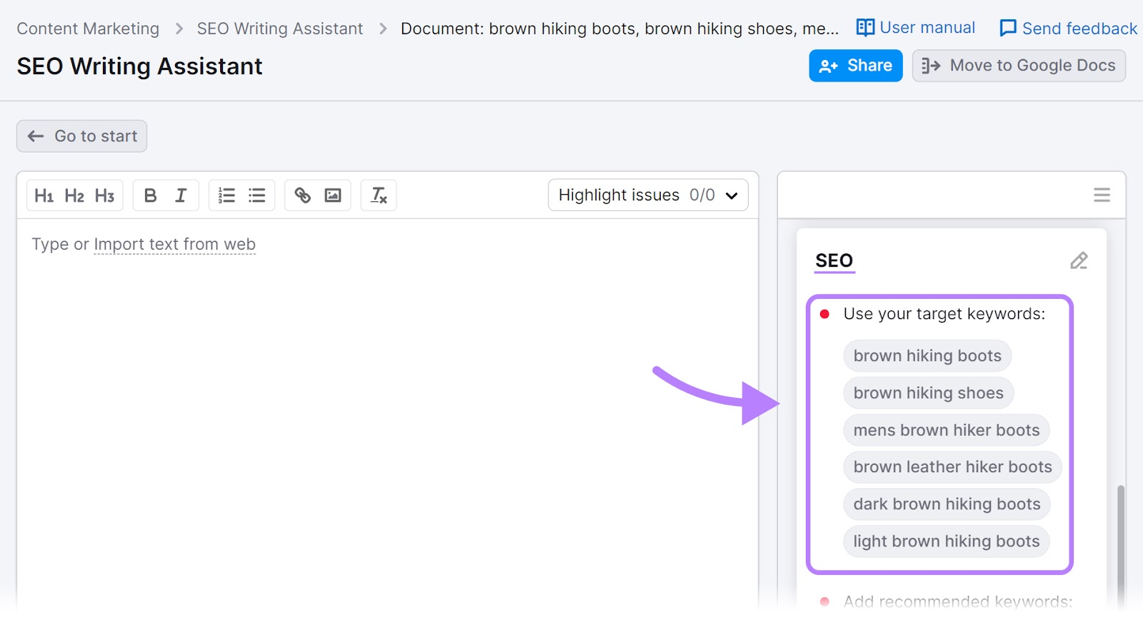 高级行政主任写作助理 editor with keyword suggestions highlighted
