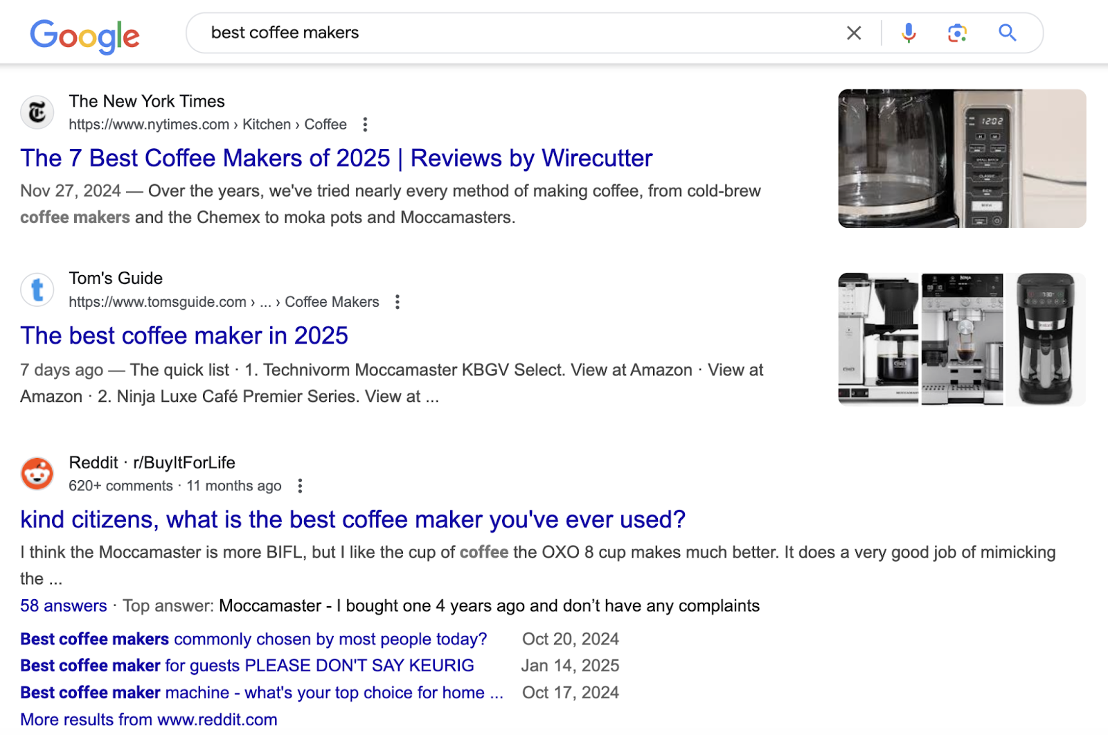 SERP的 for best coffee makers shows organic listings that answer the query.