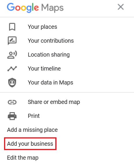 The menu in 谷歌地图 where you’ll find the option to add your business.