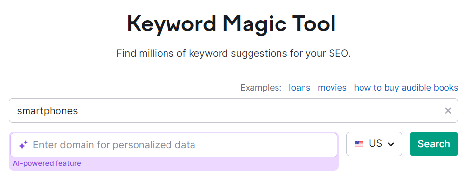 Keyword magic tool start showing the search bar containing the keyword