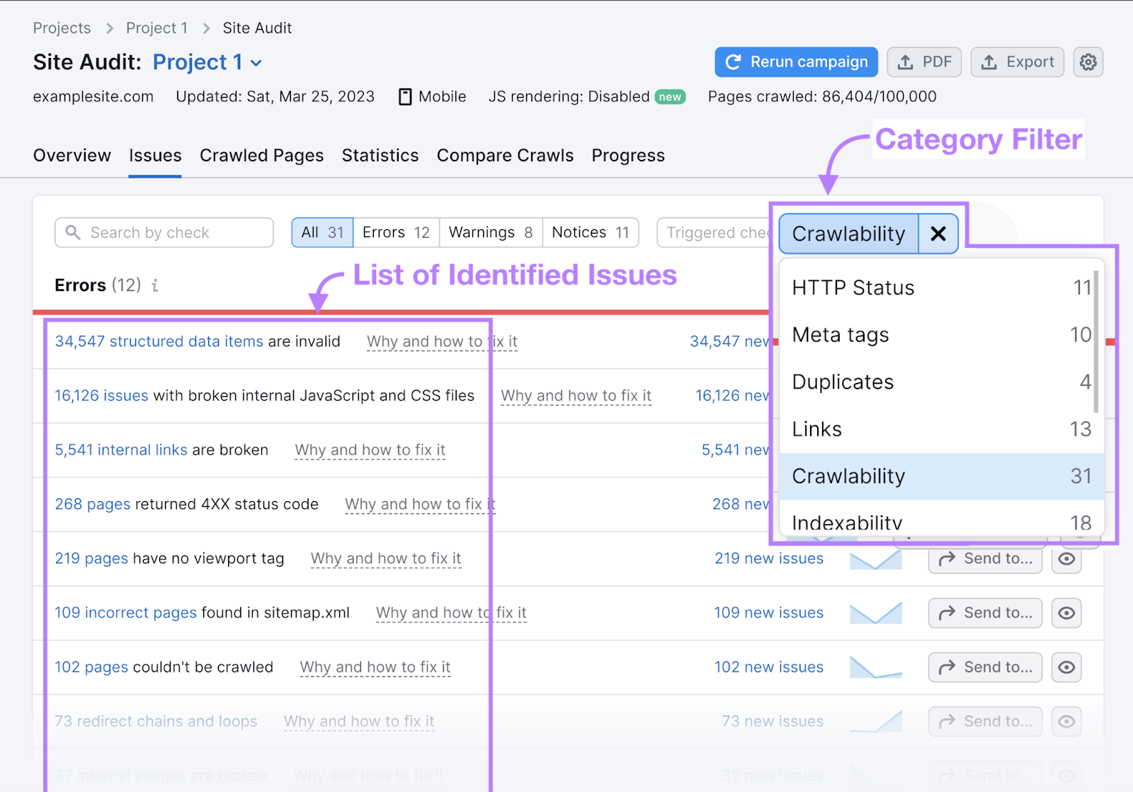 crawlability issues in 现场审核 tool 是 highlighted