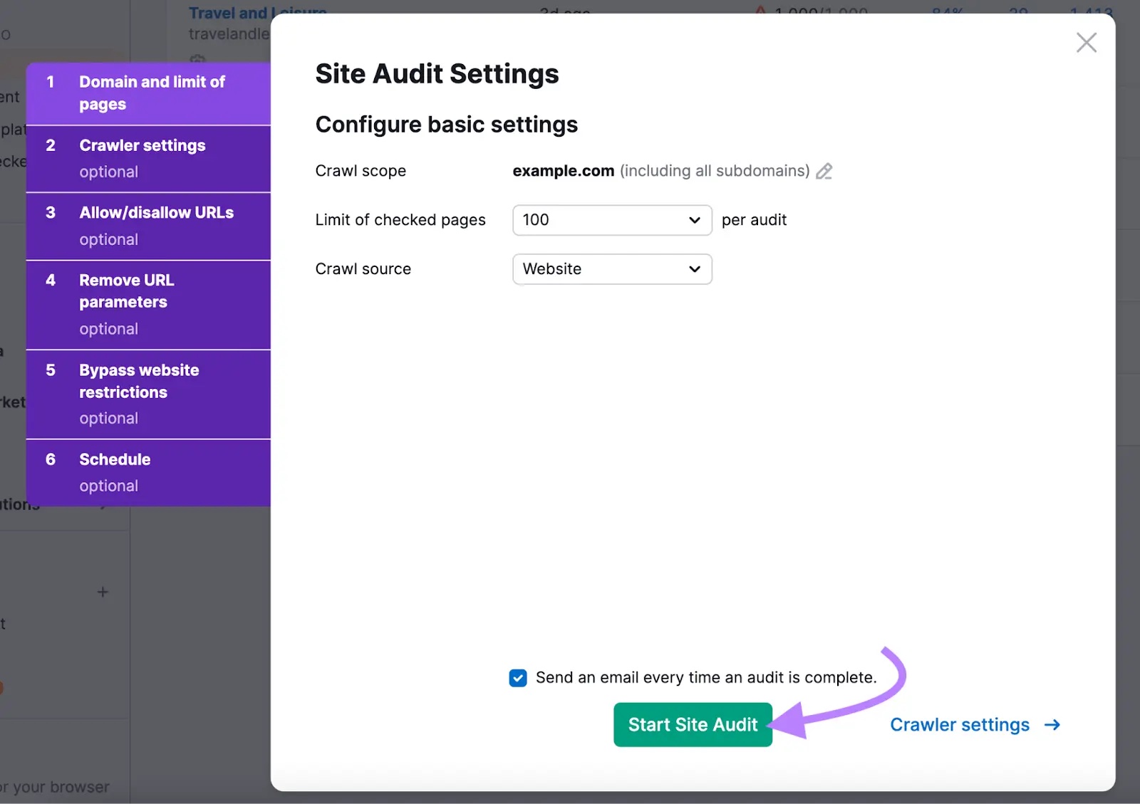 现场审核Settings page to select crawl scope, source和limit of checked pages with 