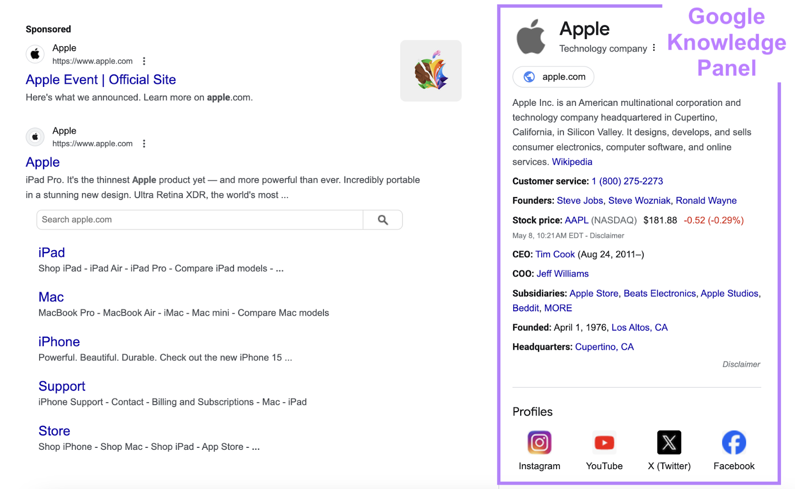 when searching apple, a google 知识小组 appears on the right side of the SERP with info about the company Apple