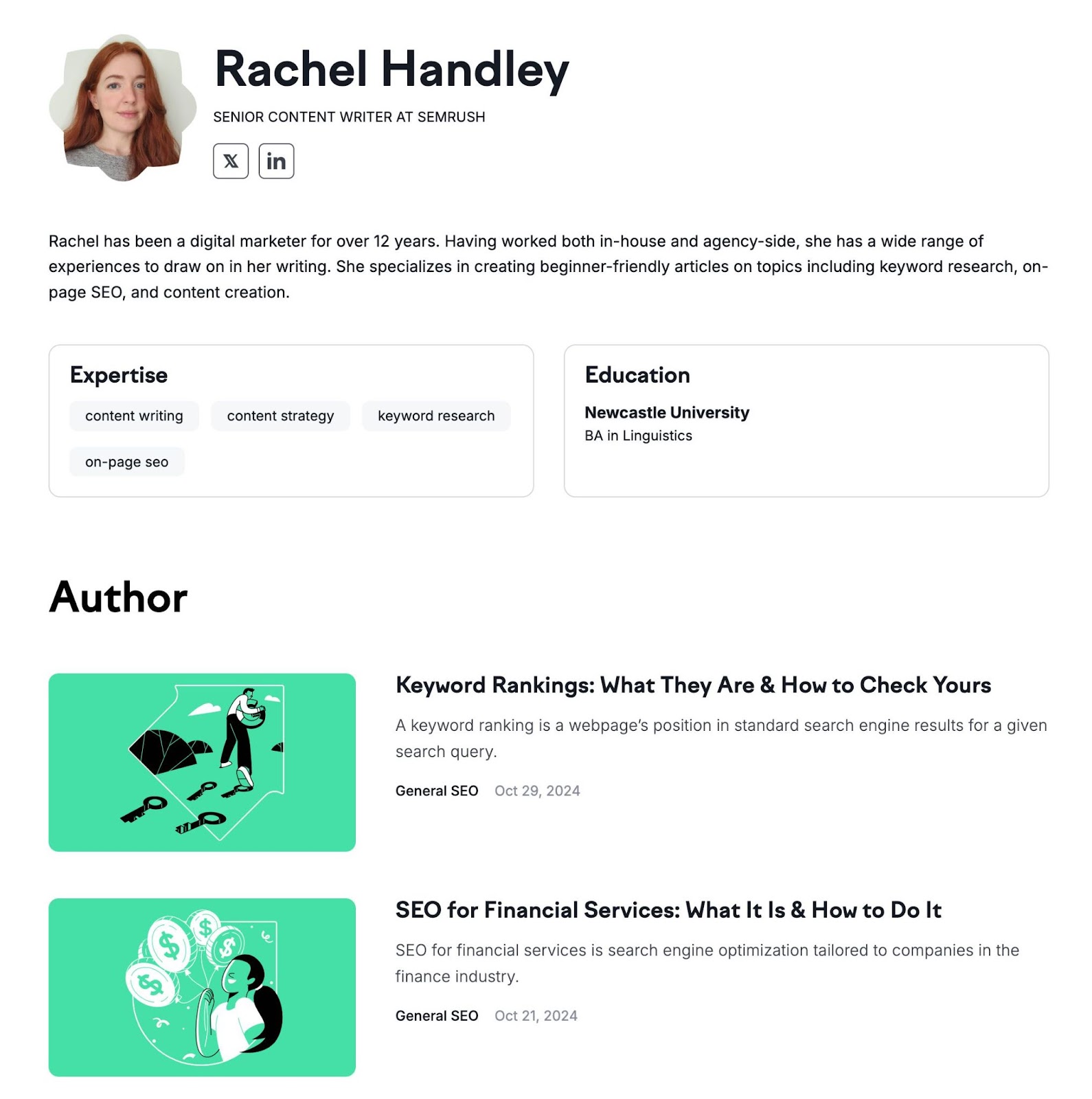 Author page on Semrush showing the writer's expertise, education,而previously published content.