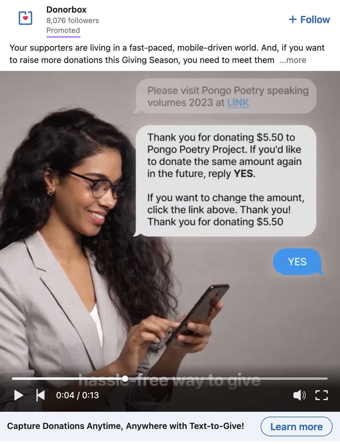 Video ad on LinkedIn by Donorbox with the 