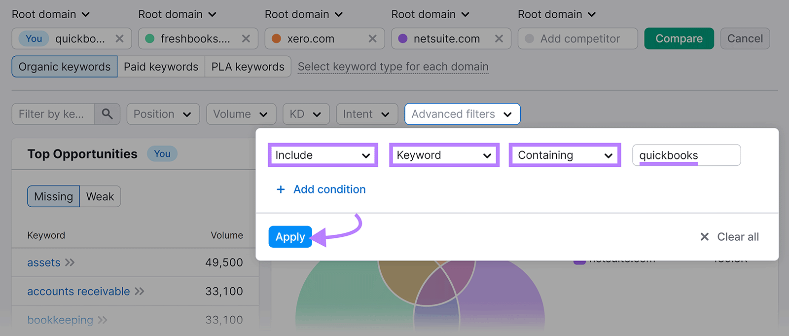 Advanced filter clicked and configured to include keywords containing 'quickbooks' with arrow to 申请button
