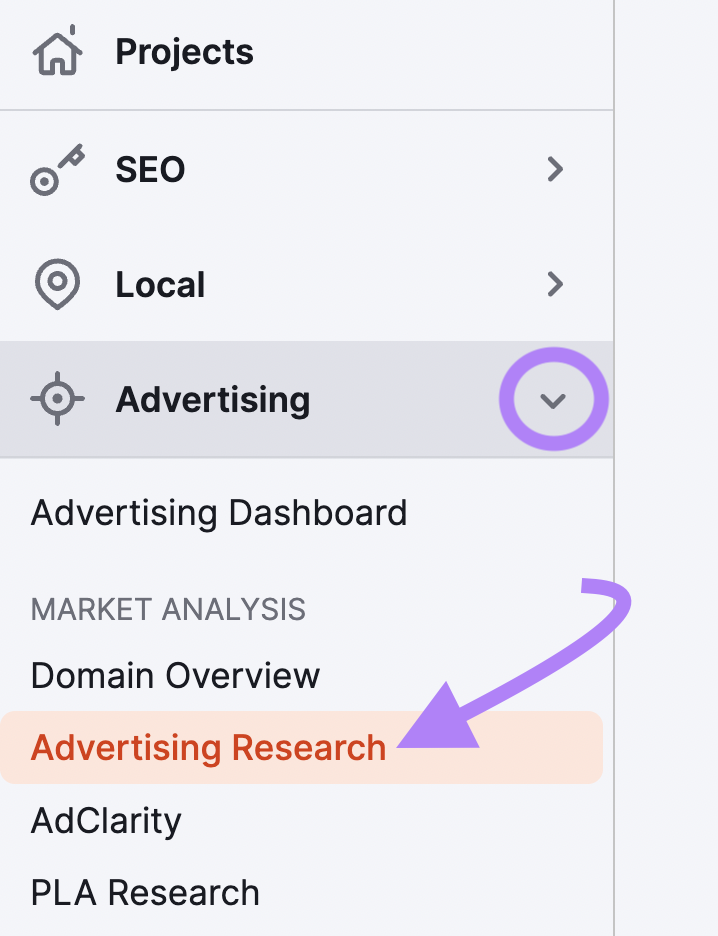 广告研究 tool selected in the Semrush menu