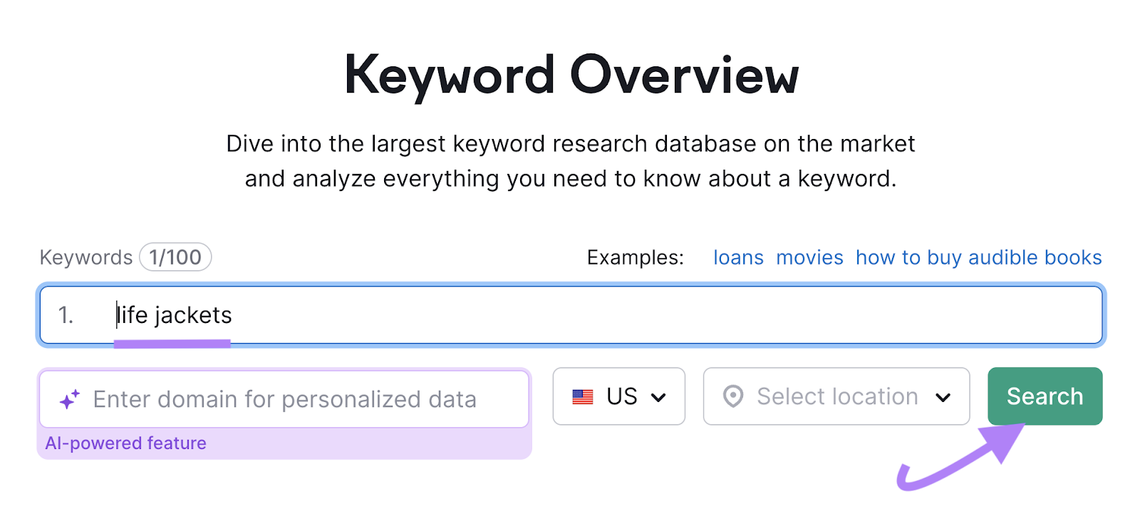 Semrush 关键字概述 tool with 'life jackets' in the search bar and search button highlighted