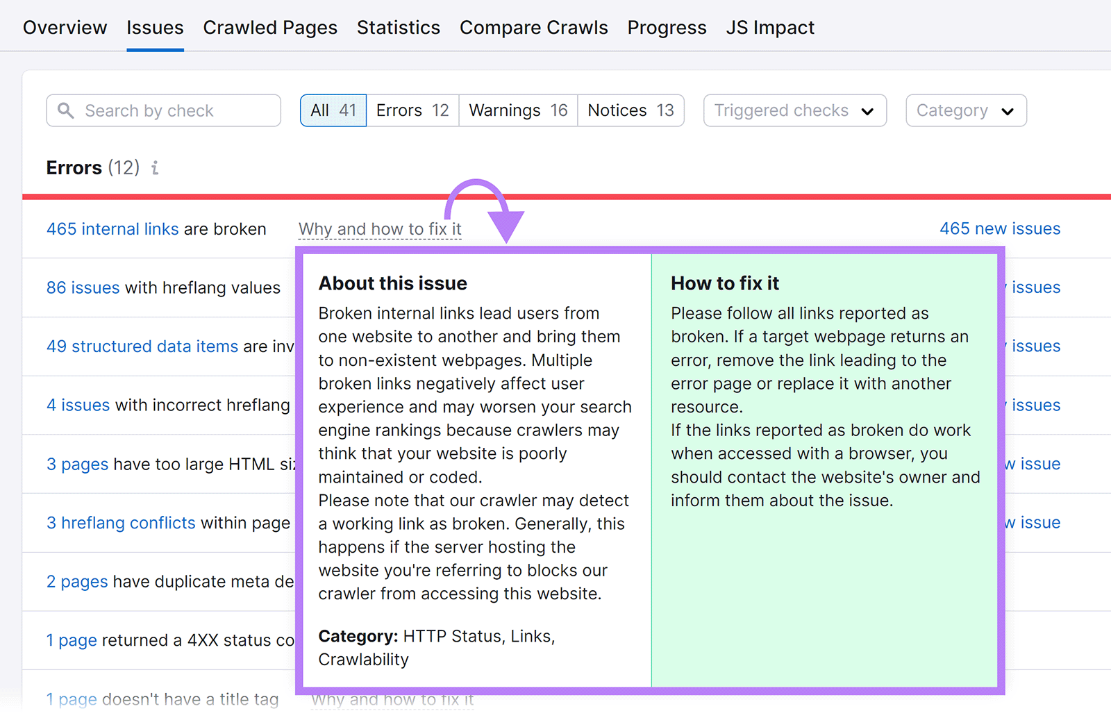 为什么以及如何解决它 link clicked to reveal details about the issue and how to fix it