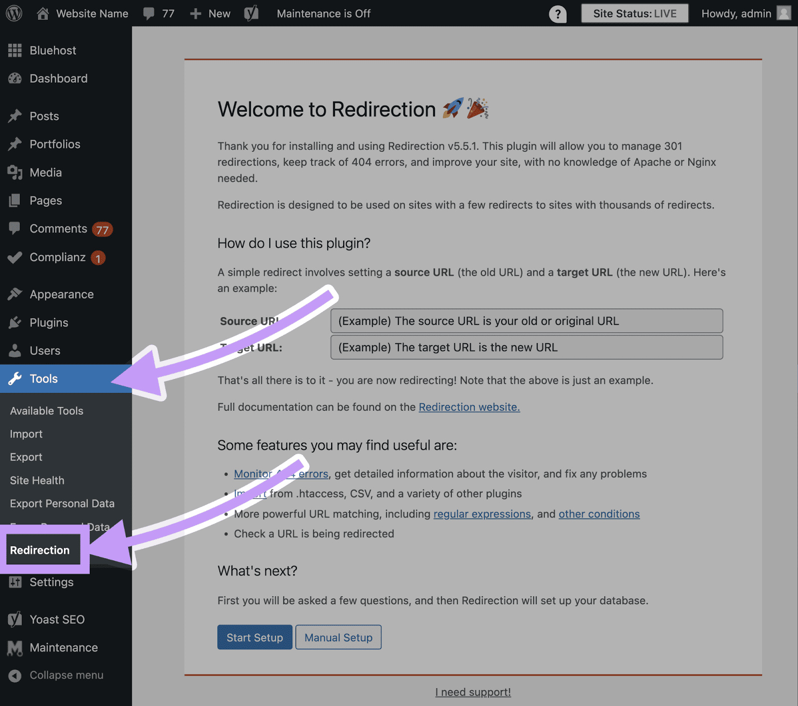 Wordpress dashboard with the tools button and 重定向插件 highlighted