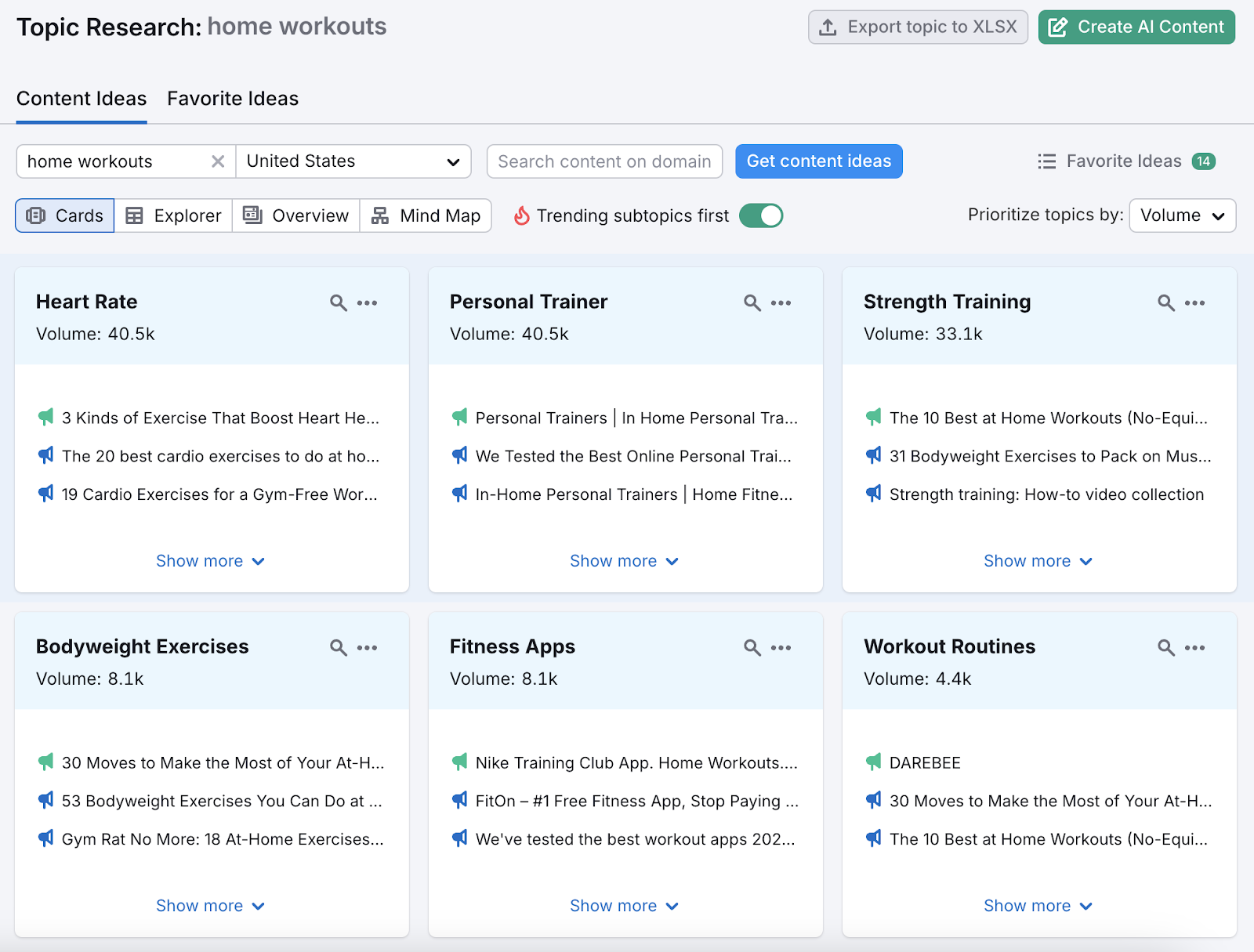 课题研究 tool shows idea cards for blog content based on a keyword.