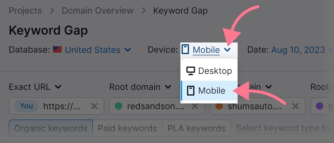 switch from “Desktop”to “流动电话”results in 关键词差距 tool