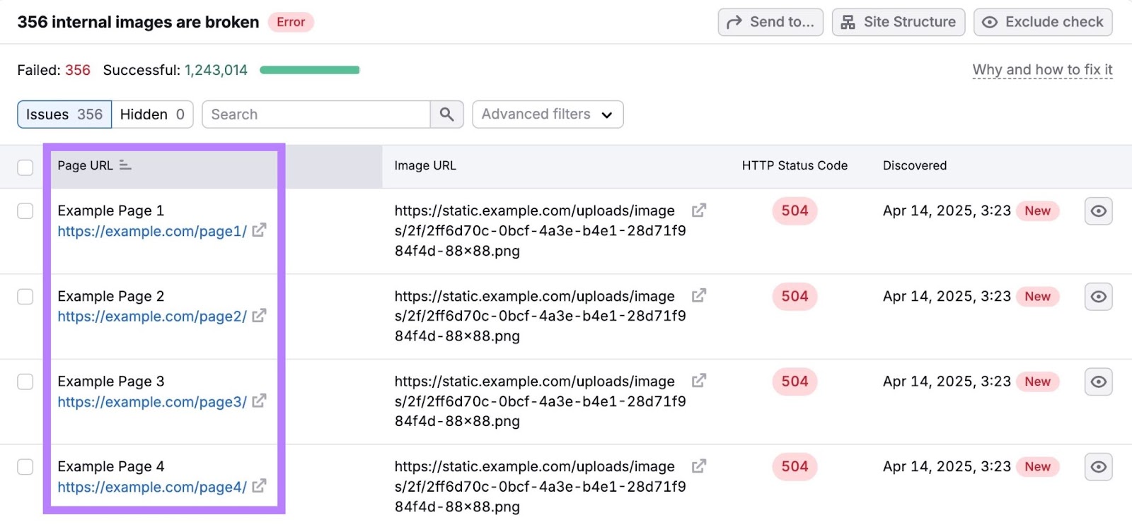问题 tab on 现场审核 showing a list of affected URLs with the same issue.