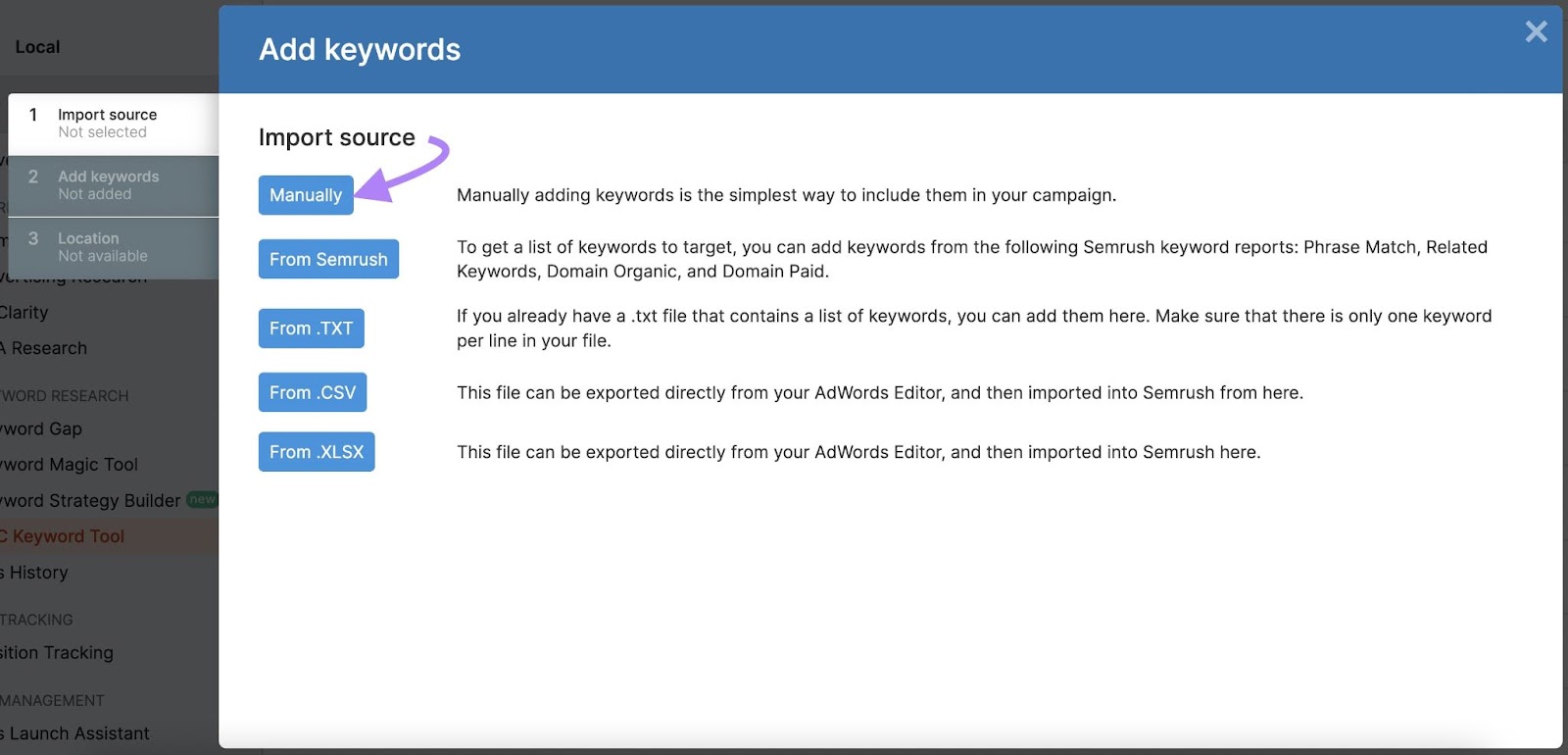 '手动操作' option selected in '添加关键字' window in Semrush PPC的关键字工具