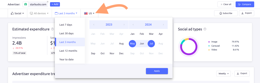 The search filter under the 鹿AdClarity search bar with the date range box open.