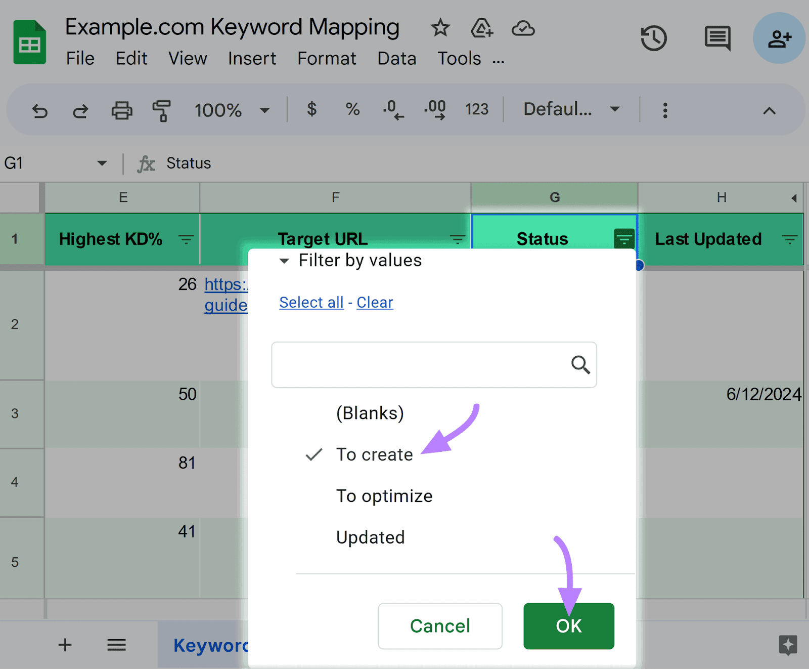 Keyword mapping template section displaying filtering of the 
