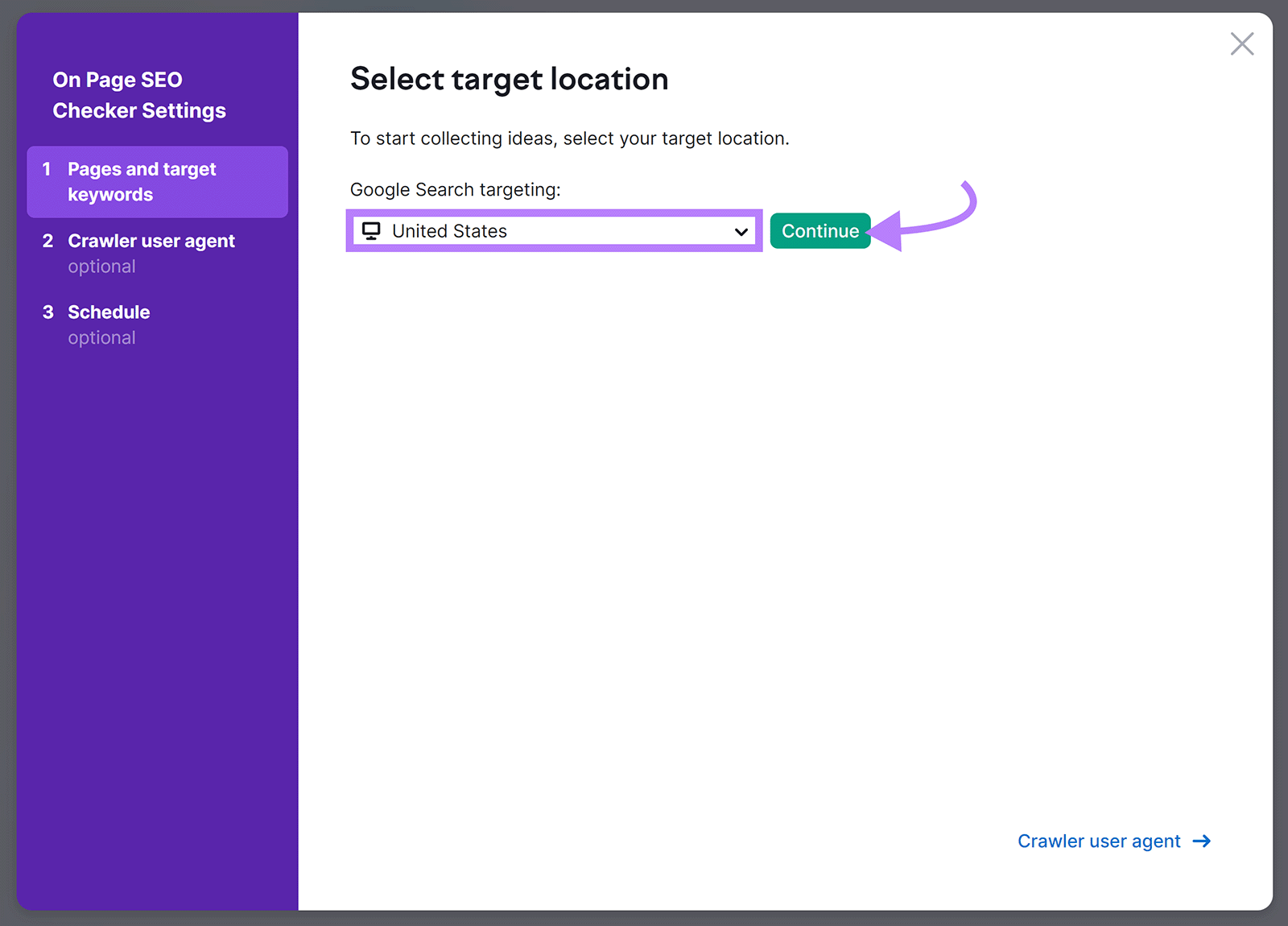 Target location set to United States and arrow to 继续 button
