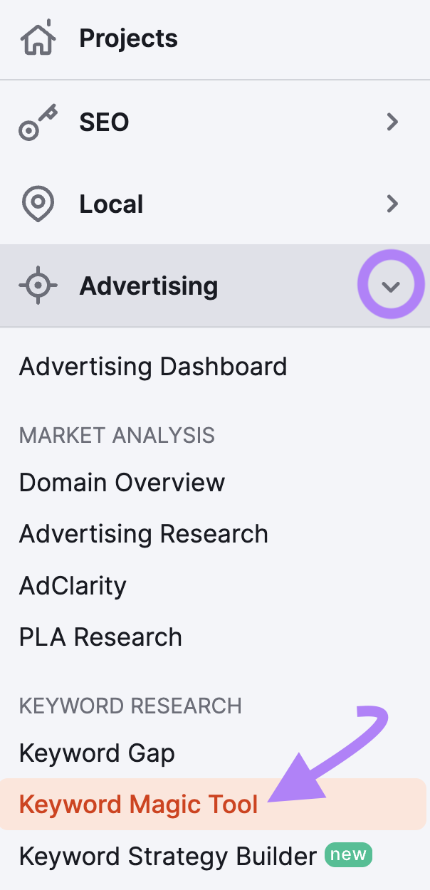 关键字魔术工具 highlighted in the Semrush left hand navigation menu