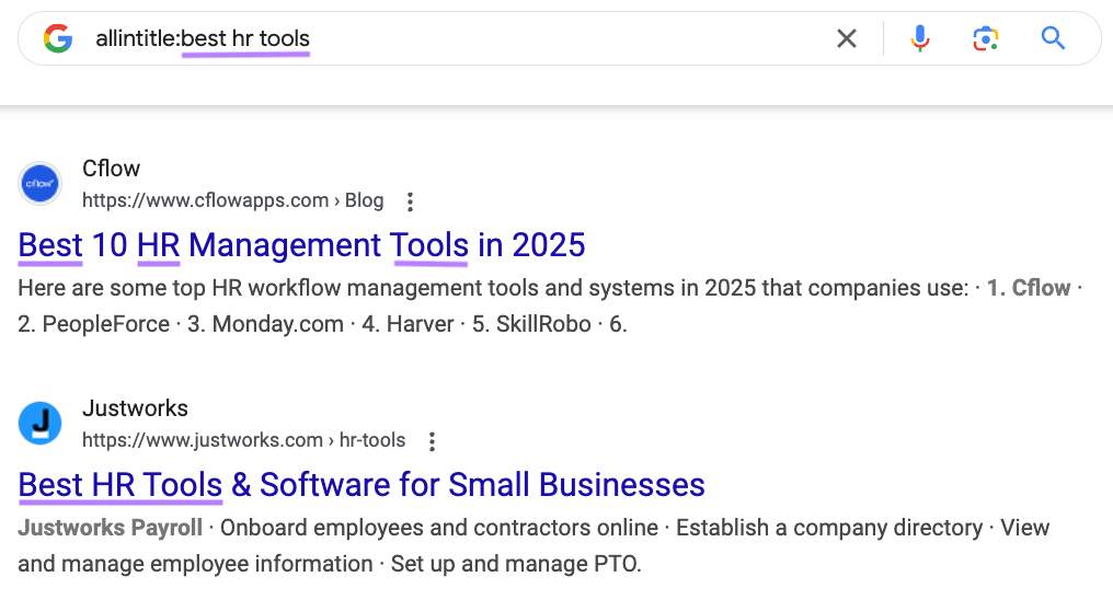 A search for results that include 