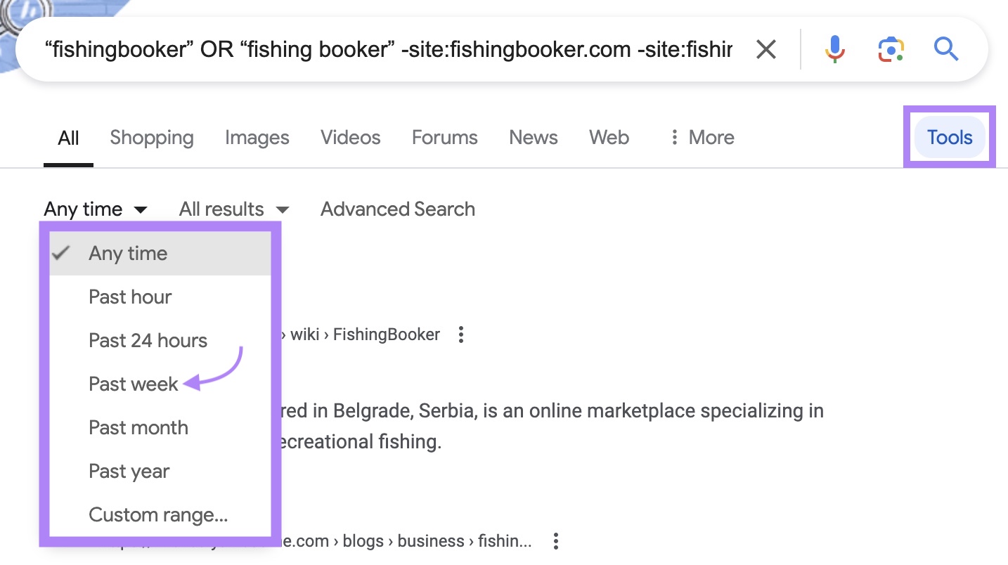 “Tools” at the top of the search results highlighted, as well as the time frame filter drop-down with an arrow pointing toward 