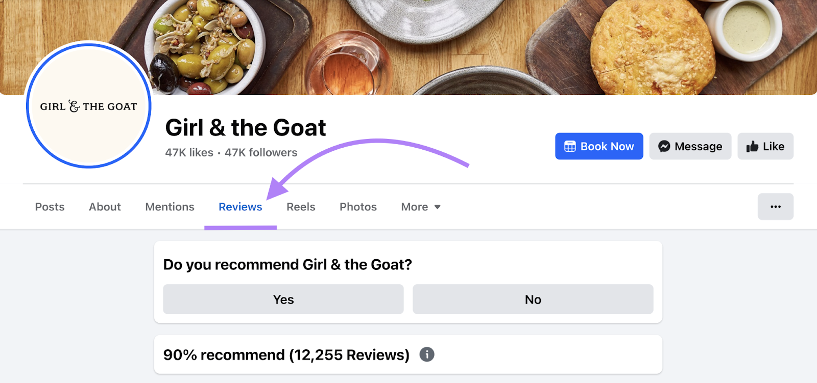 Facebook reviews tab shows percentage who recommend the business and the number of评论。