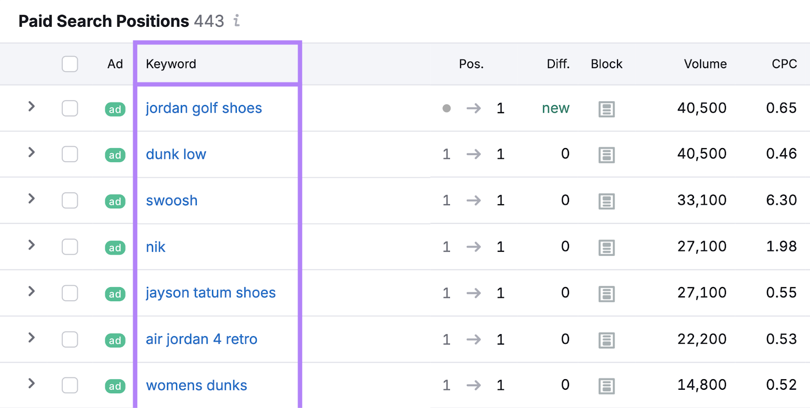 Paid 搜索 Positions table shows keywords that trigger an ad for the domain