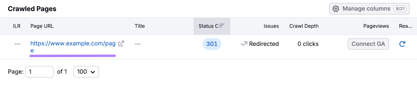 已抓取的页面 report for one redirected URL