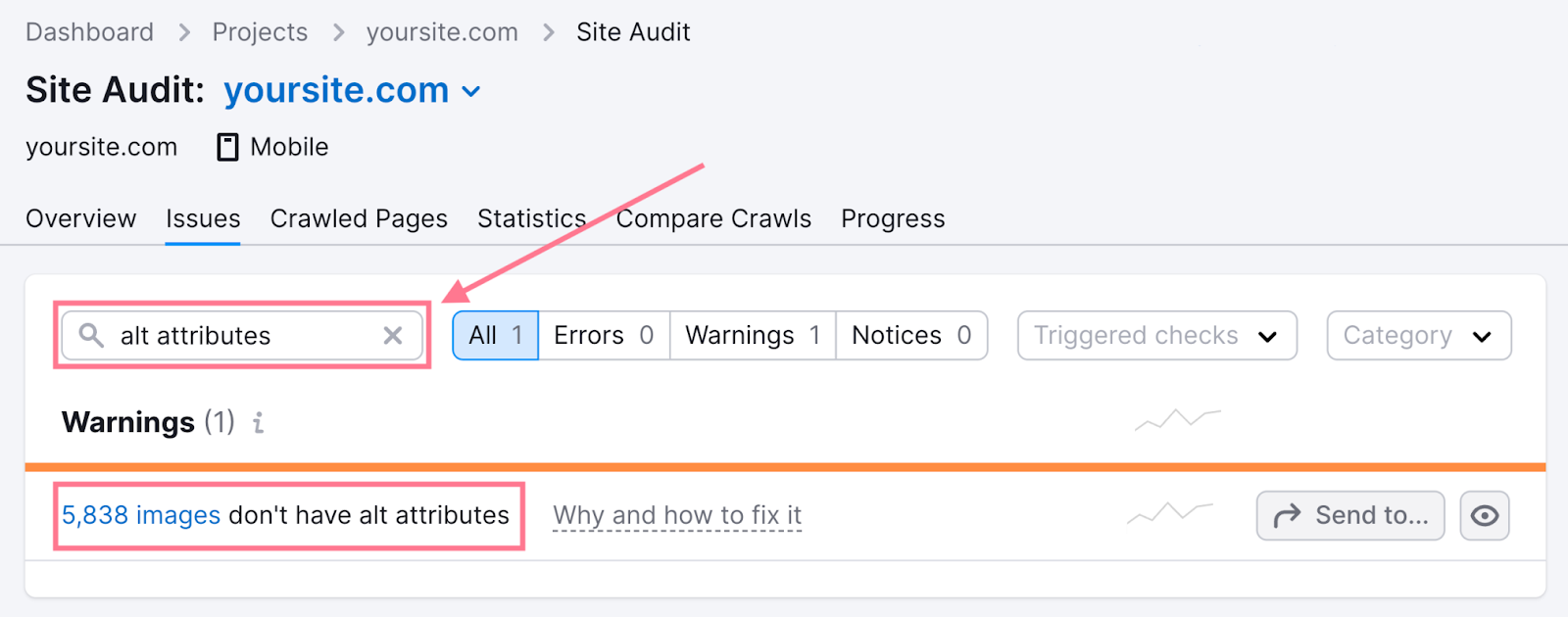 Missing alt attributes error highlighted in the 