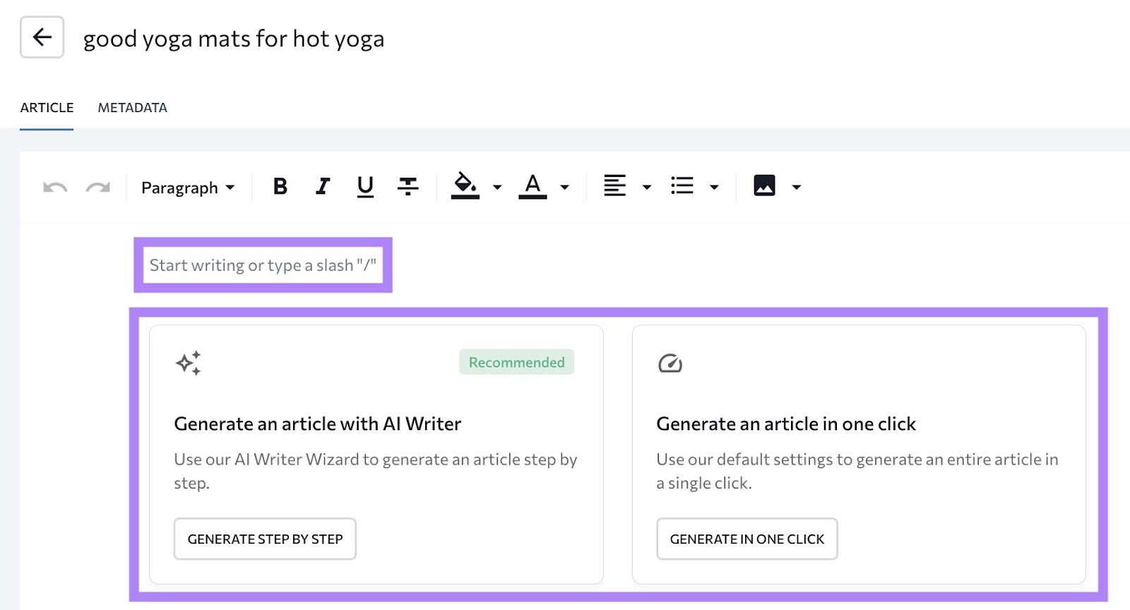 Writing options on SE排名 including to write text manually or generate text with AI.