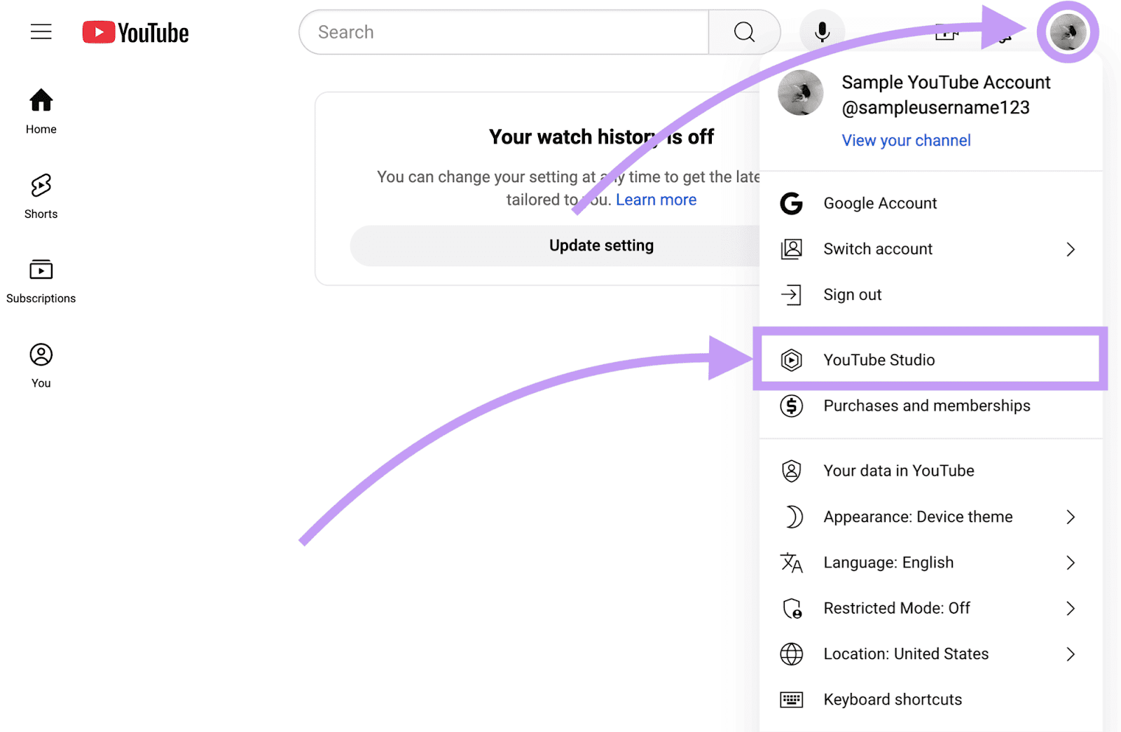YouTube工作室s option from the profile picture button