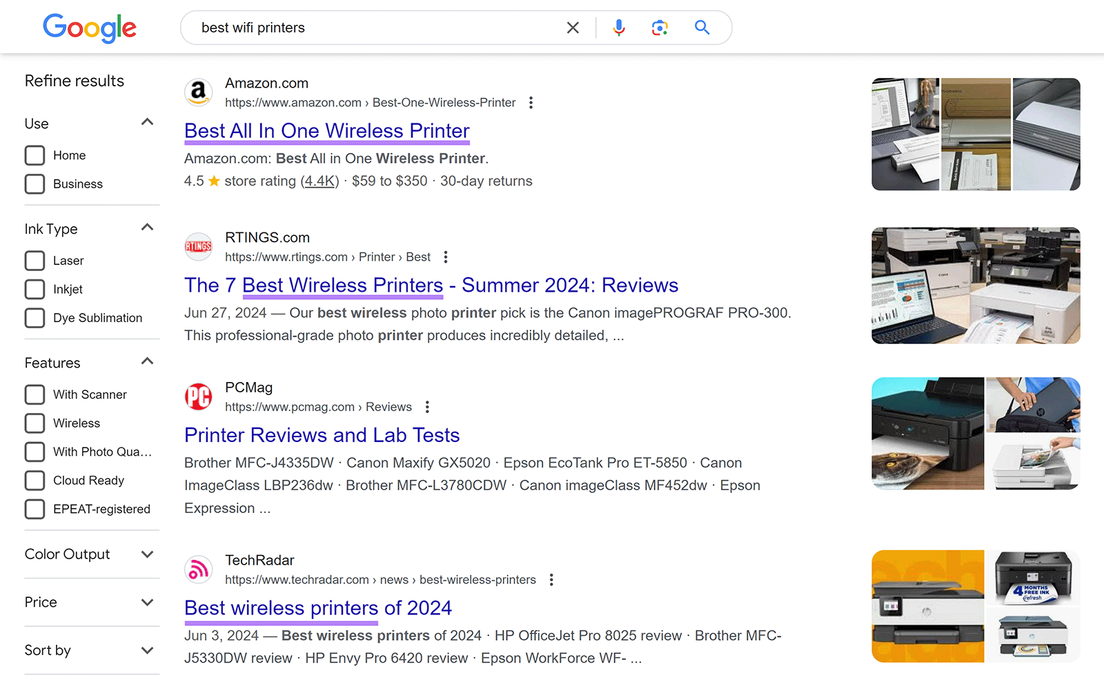 谷歌 SERP for 'best wifi printers' with results highlighted for 'best wireless printers'