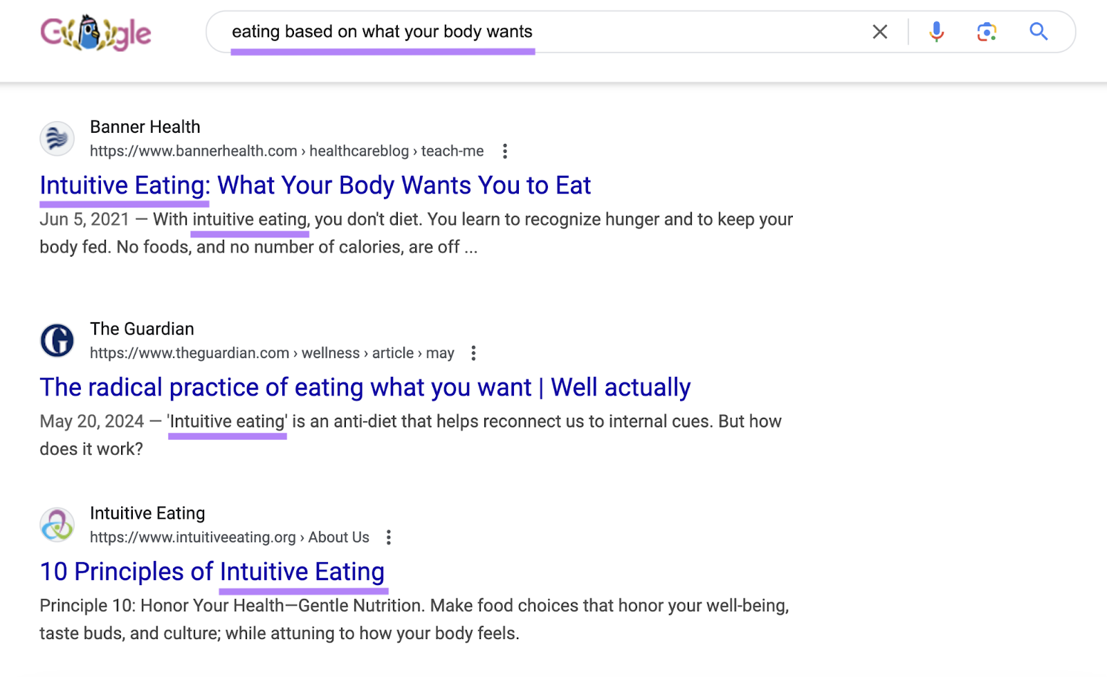 search for the query shows organic results about