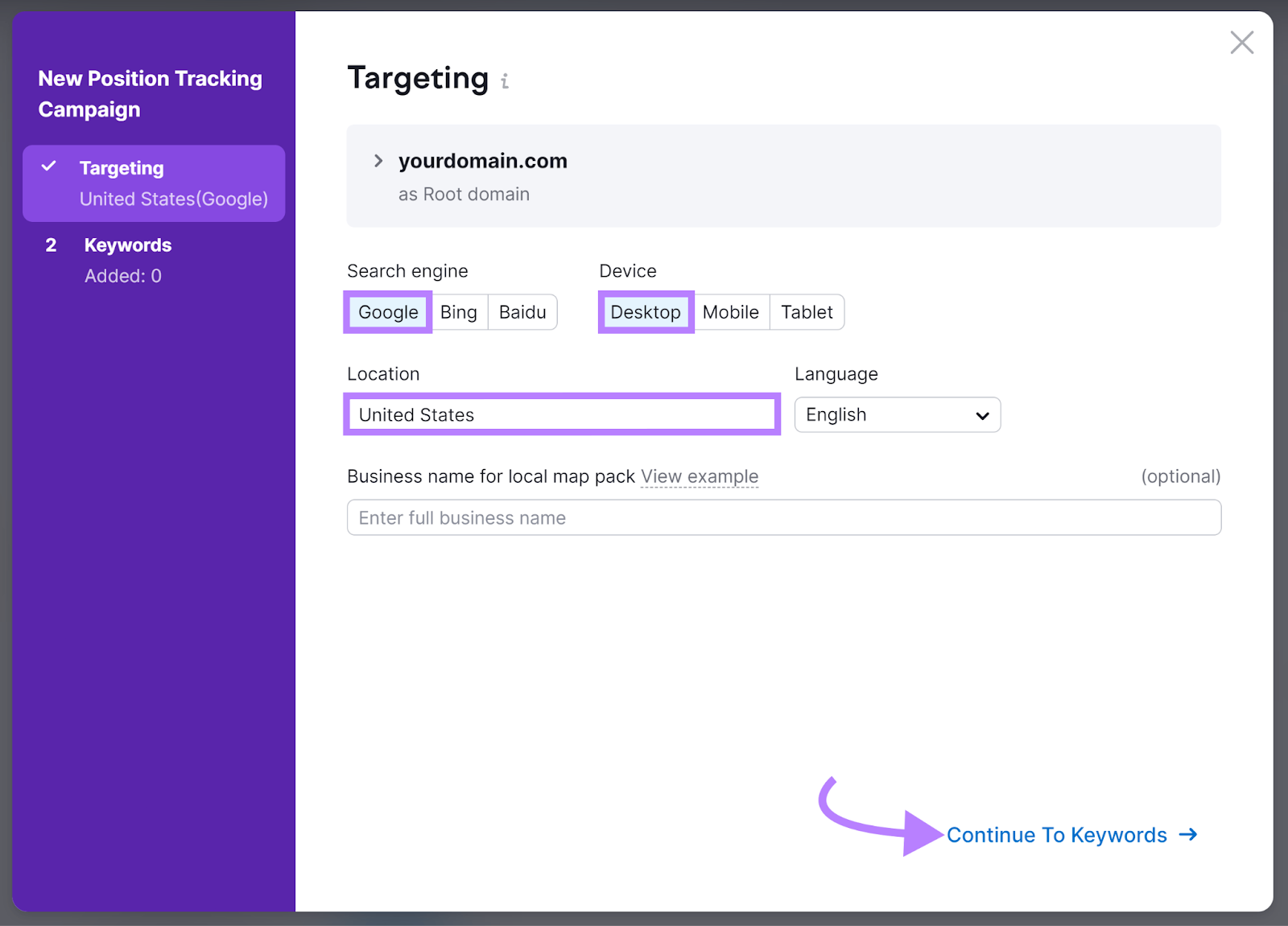 Targeting set up modal with Google, Desktop,而United States highlighted and arrow pointing to Continue To Keywords link