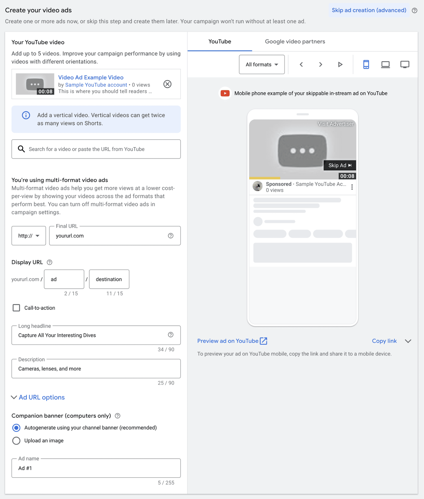 创建 a video ad in Google Ads using the uploaded YouTube 短片