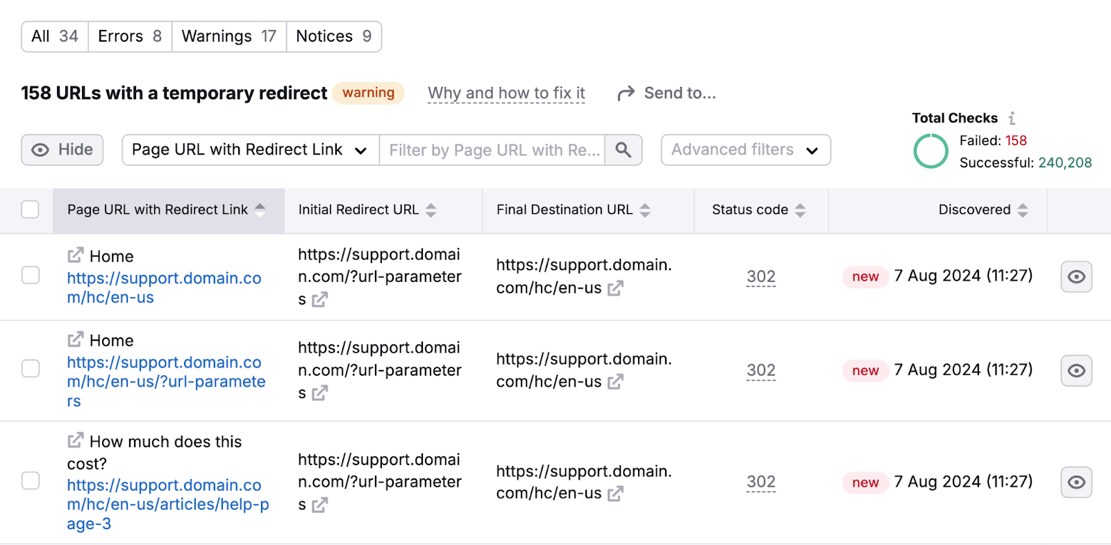 list of page urls with a temporary redirect including the initial redirect, final destination url，而status code