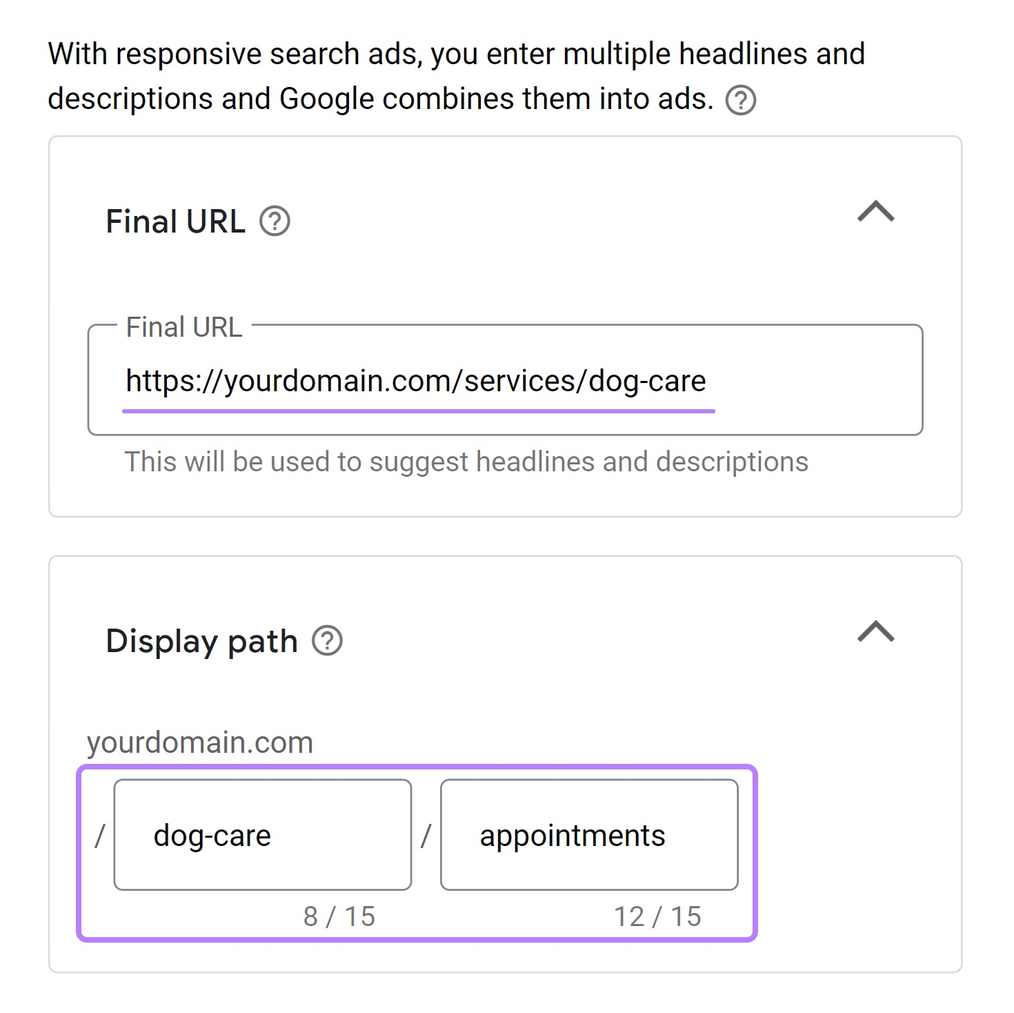 Adding the final URL and display path to 谷歌广告