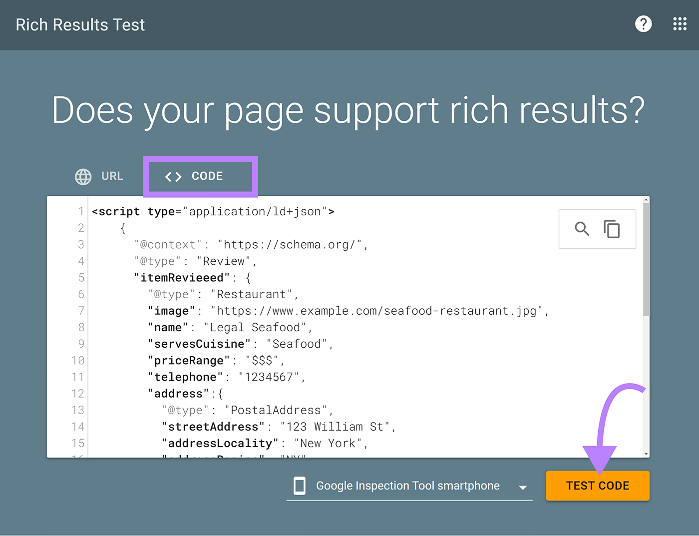 丰富的结果测试 page with 密码 tab selected, code snippet pasted, and arrow pointing to Test 密码 button