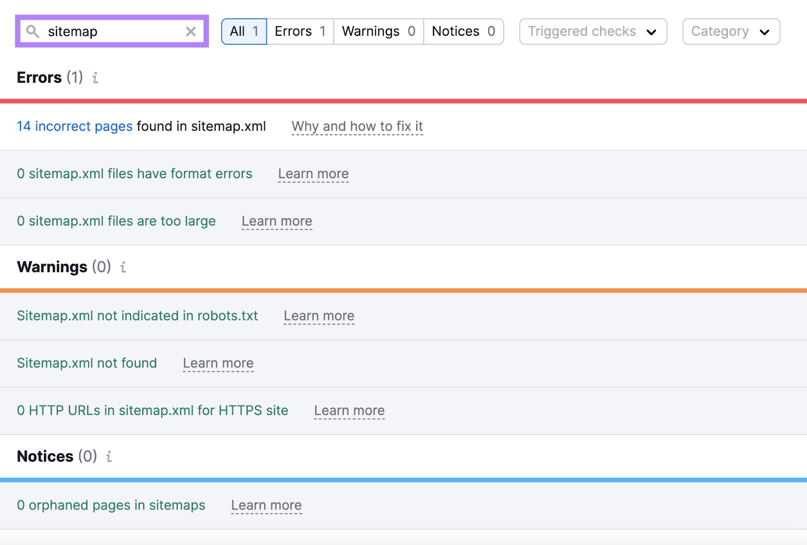 website 网站地图 issues found in site audit include incorrect pages, format errors, not found, and orphaned pages