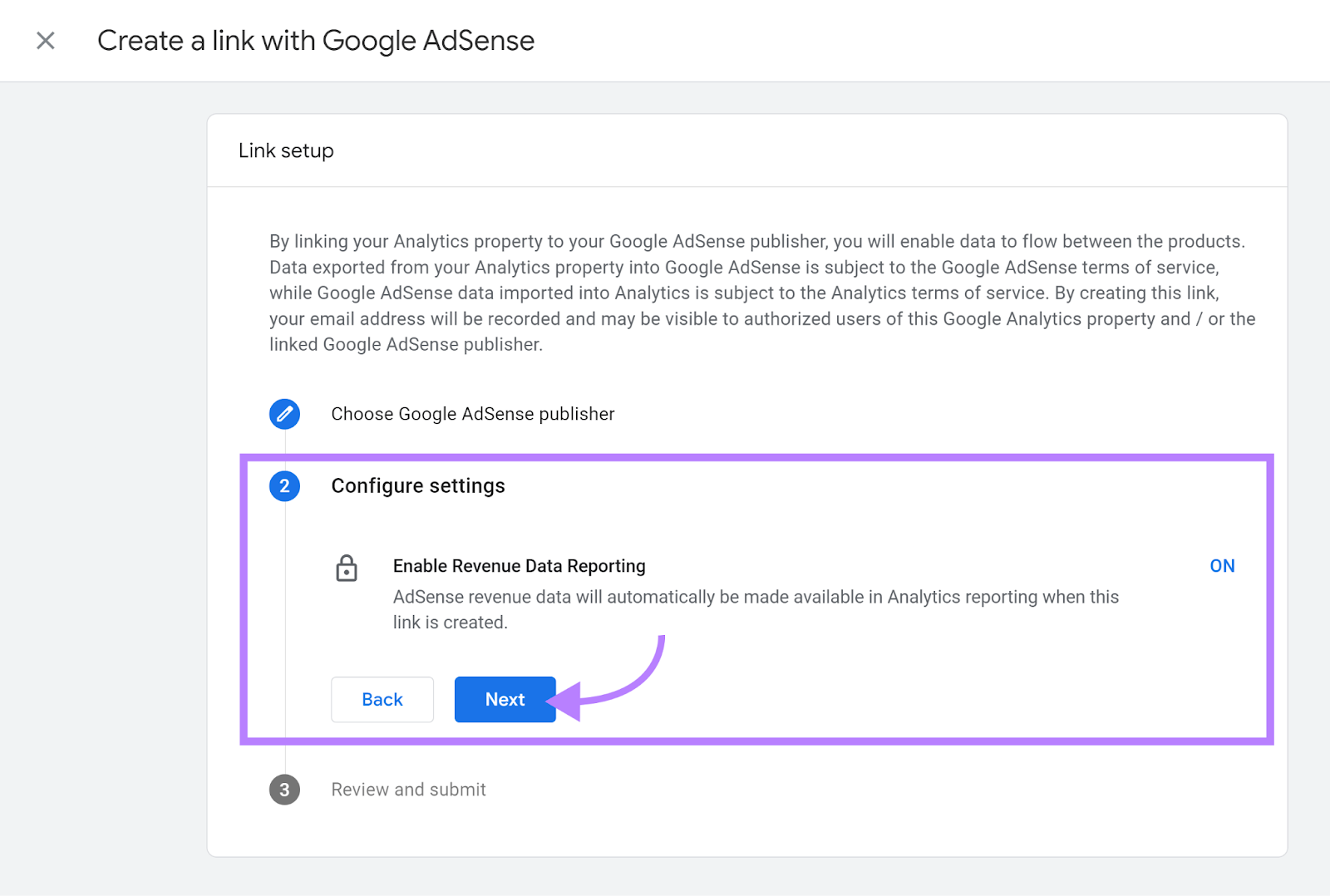 Step 2 Configure Settings highlighted with arrow pointing to 下一个 button