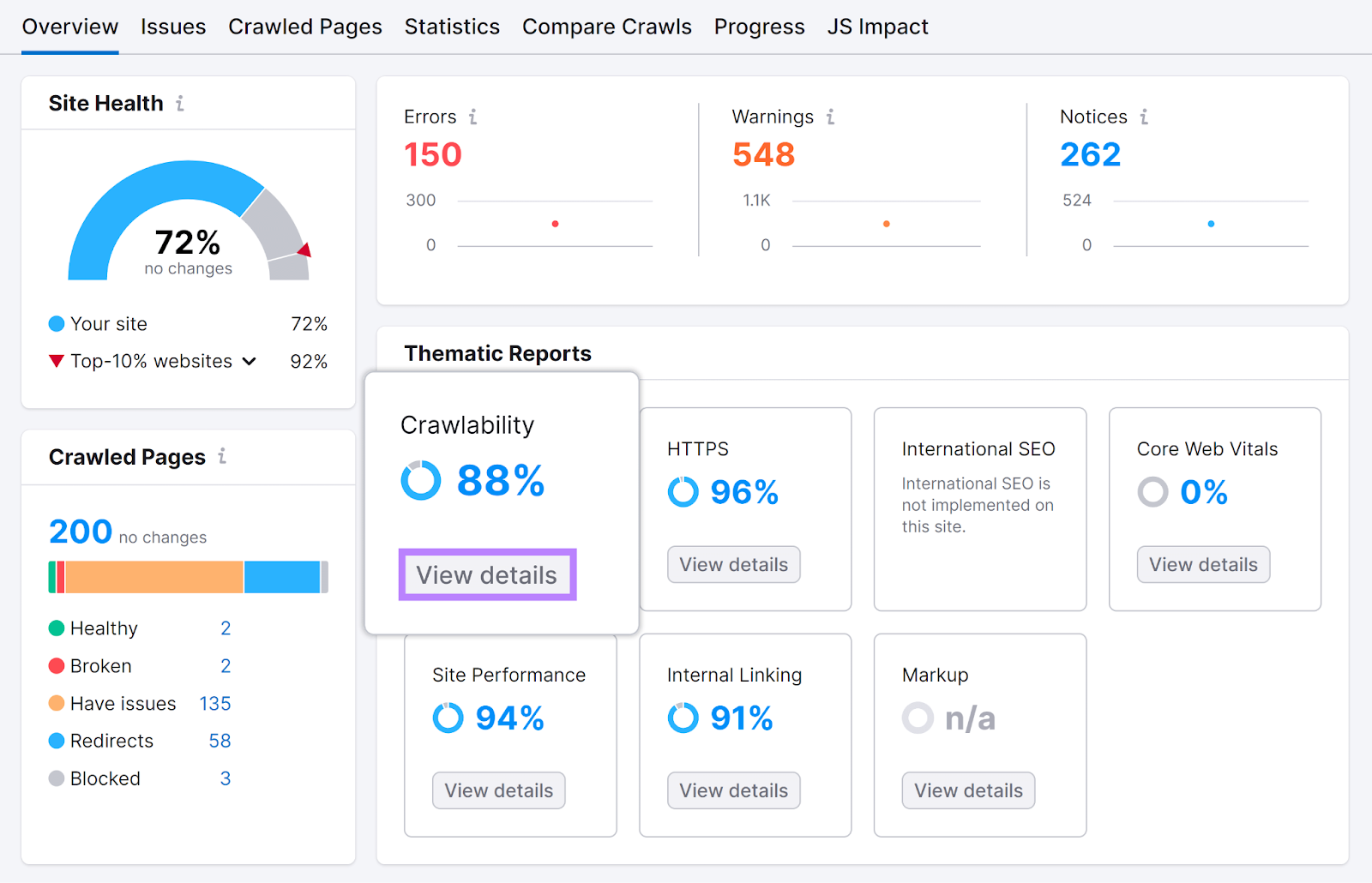现场审核 Overview report with 可爬行性 section and 查看详情 button highlighted.