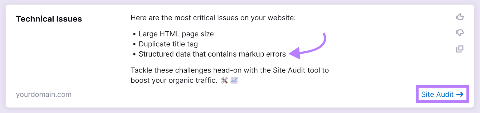 Semrush副驾驶 Technical Issues recommendation with arrow pointing to structured data error