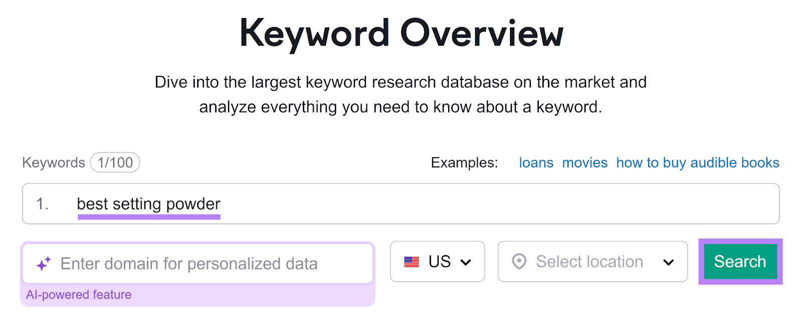 Semrush 关键字概述 tool start with keyword entered and 搜索 button highlighted