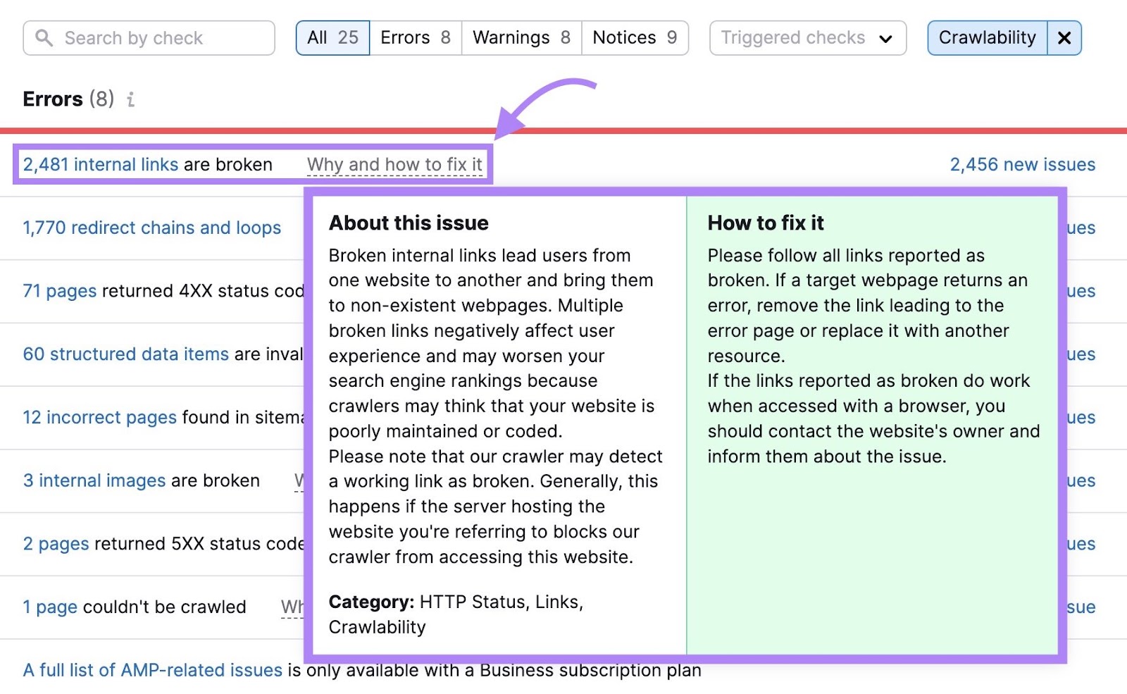 可爬行性 issues with “为什么以及如何解决它” next to broken internal link issues clicked, showing tips on how to resolve the issue.