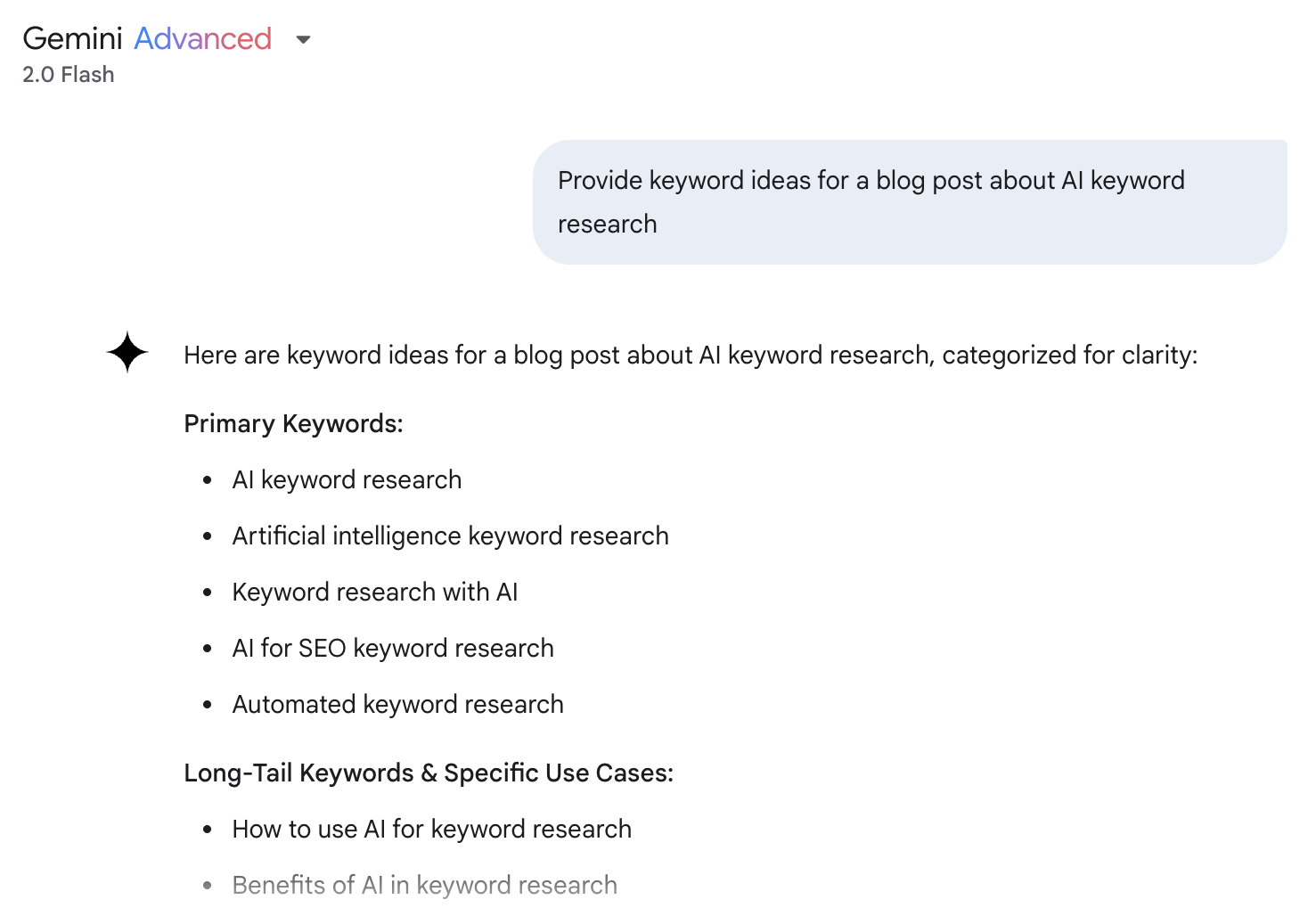 双子座 interface showing a list of keywords split into multiple categories like primary, long-tail & specific use cases, etc.